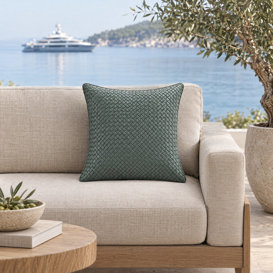 Woven Leather Decorative Cushion – 45 × 45 cm — the shaded terrace of a private island beach house