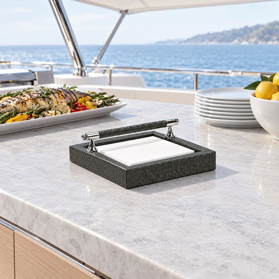 Woven Leather Napkin Holder with Stainless Steel Handle — a relaxed barbecue lunch at the flybridge grill counter