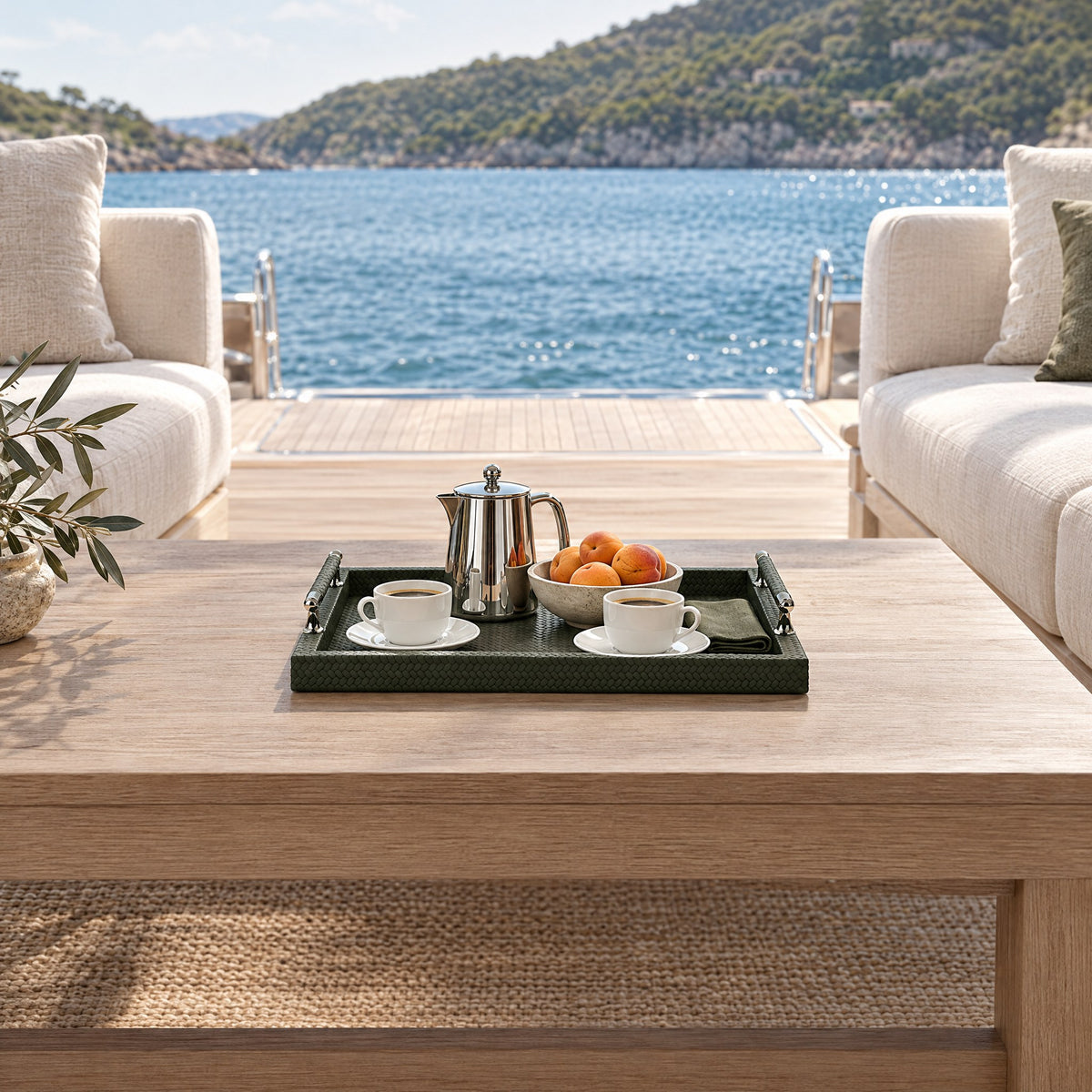 Large Woven Leather Serving Tray with Stainless Steel Handles — mid-morning coffee on the aft-deck lounge after a swim