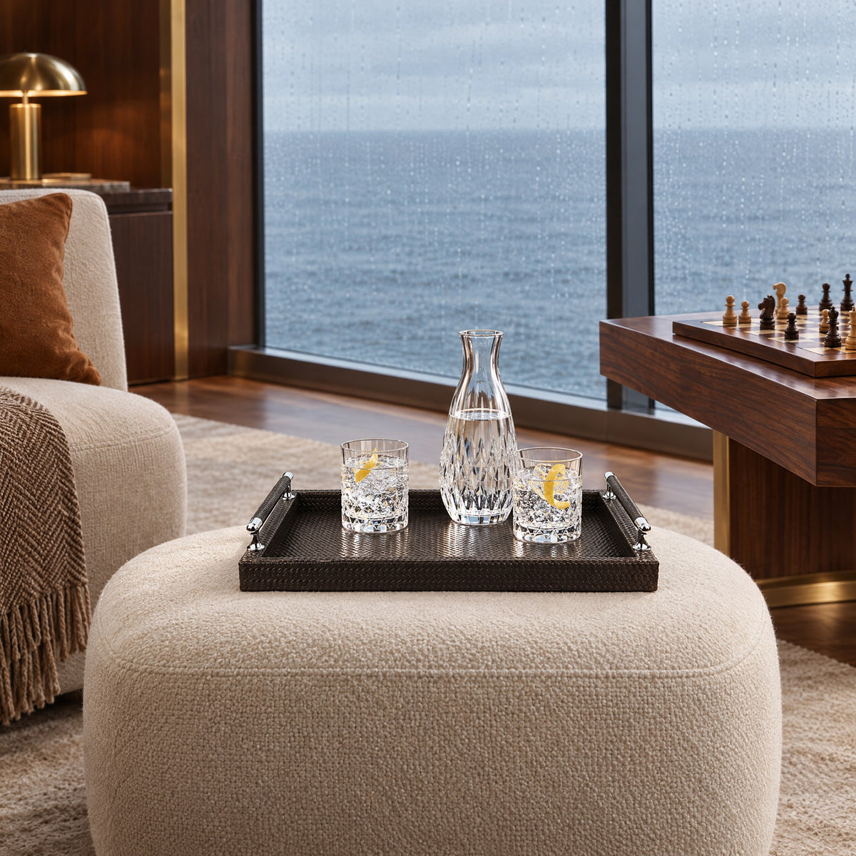 Medium Woven Leather Serving Tray with Stainless Steel Handles — a rainy afternoon in the sky lounge