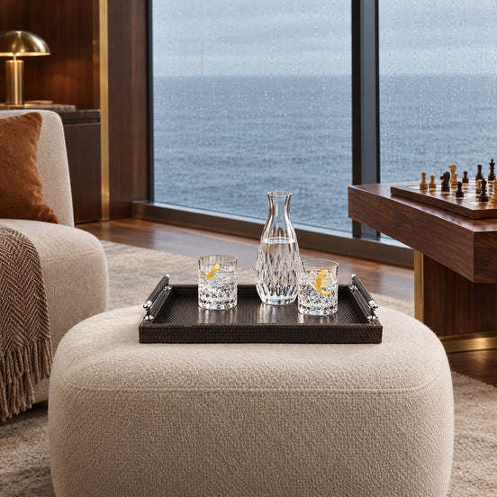 Medium Woven Leather Serving Tray with Stainless Steel Handles — a rainy afternoon in the sky lounge