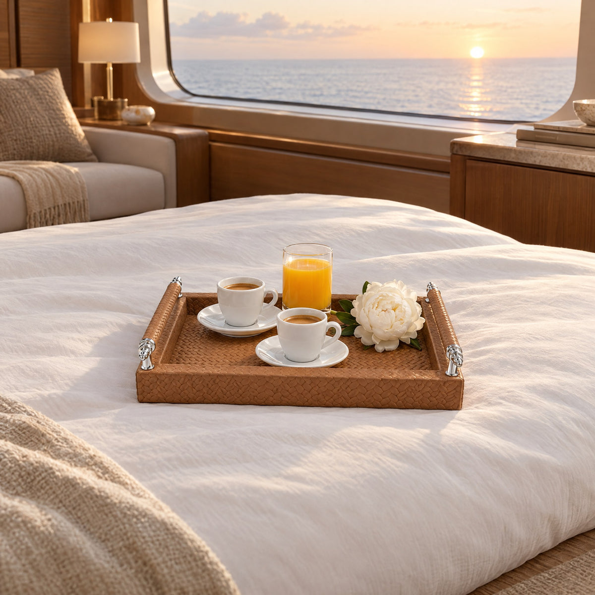 Small Woven Leather Serving Tray with Stainless Steel Handles — breakfast in bed in the owner's suite at sunrise