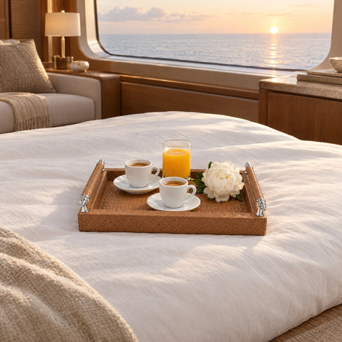 Small Woven Leather Serving Tray with Stainless Steel Handles — breakfast in bed in the owner's suite at sunrise