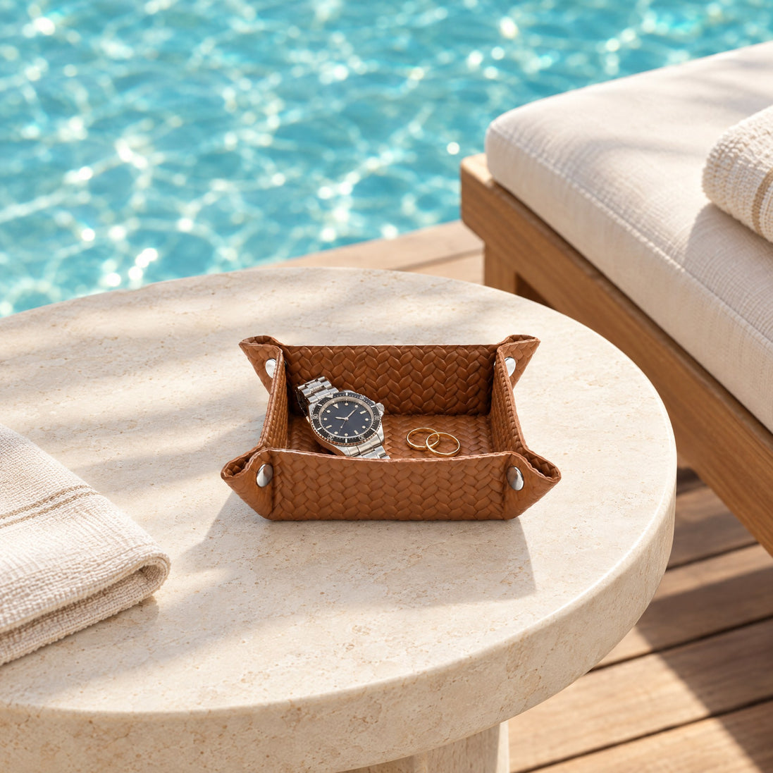 Compact Woven Leather Valet Tray – 15 cm — poolside on the sun deck before a swim