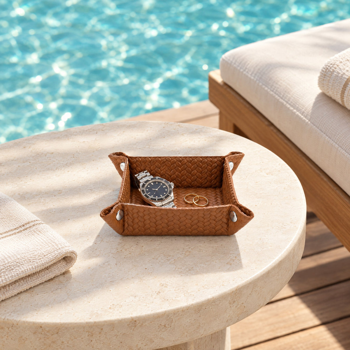 Compact Woven Leather Valet Tray – 15 cm — poolside on the sun deck before a swim